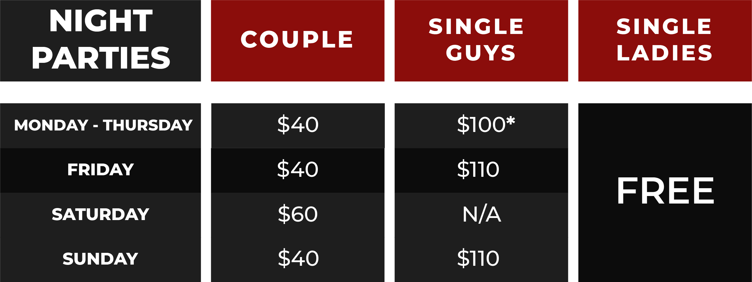 Night Swing Parties price